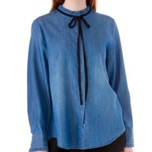 Kensie Blue Denim Blouse with Black Tie